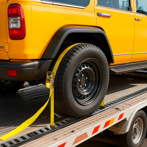 E Track Tie Down Kit With Four Rails And Twenty One Accessories For Garages And Trailers securing yellow vehicle's rear wheel
