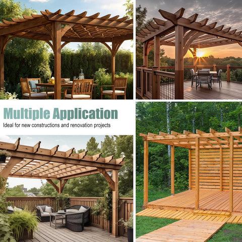 Wood pergola structures showing usage of 30 Pack Heavy Duty Hurricane Ties Black Powder Coated For Wood Sheds Roofs And Framing in gardens.