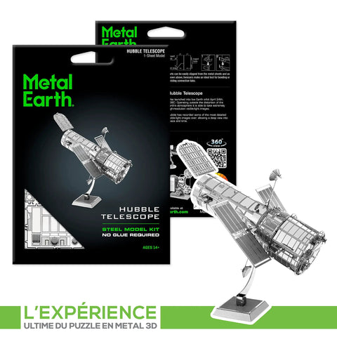 Hubble Space Telescope 3D Metal Model Kit For Teens And Adults No Glue No Solder Clip And Bend Build With Tweezers Easy Hobby Space Science Gift Hands On Fun For Makers And STEM Lovers, steel model kit box and assembled display