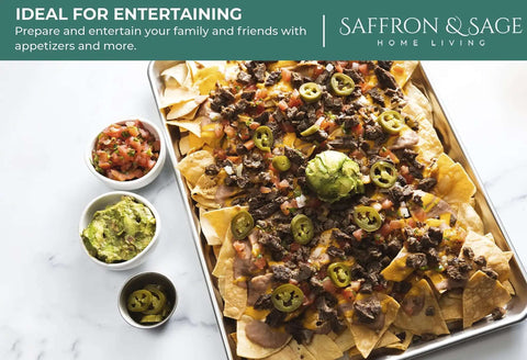 Heavy Duty Aluminum Half Sheet Pan With Stainless Steel Cooling Rack Set, 13x18 Inches, topped with nachos and guacamole