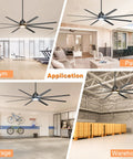 No Sweat 96 Inch Industrial Ceiling Fan With Bright Led Lights And 15000 Cfm Airflow in gym, patio, garage, and warehouse settings.