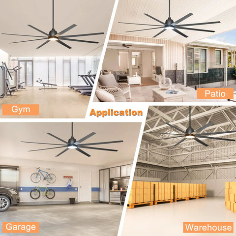 No Sweat 96 Inch Industrial Ceiling Fan With Bright Led Lights And 15000 Cfm Airflow in gym, patio, garage, and warehouse settings.