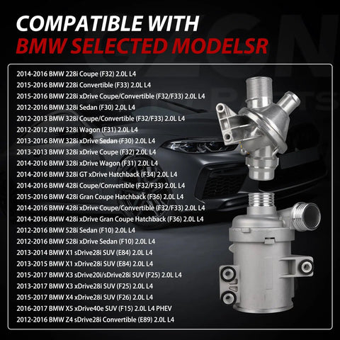 Heavy Duty Electric Engine Water Pump With Aluminum Thermostat For BMW Models showing compatibility list and design details.