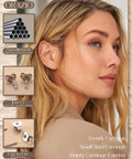 Six Pairs Tiny 2mm Stainless Steel CZ Stud Earrings Set For Men And Women, Multi Piercing Friendly Earring Kit For Lobe, Cartilage, Helix, Tragus, Snug, Second And Third Hole, With Easy Backings. Model wearing small CZ stud earrings in multiple ear piercings