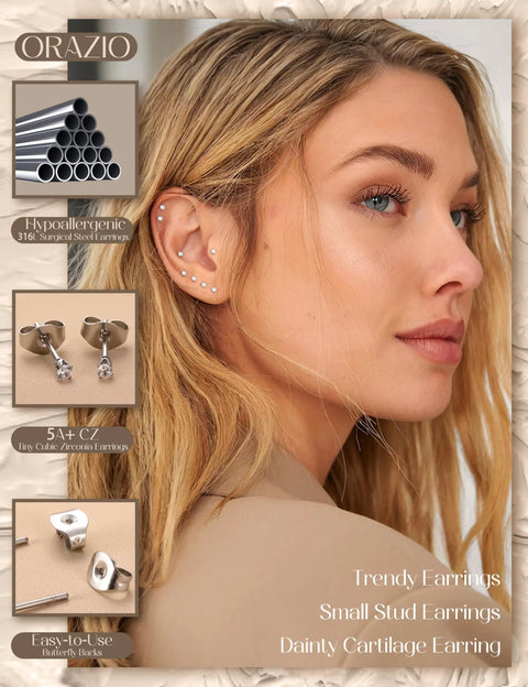 Six Pairs Tiny 2mm Stainless Steel CZ Stud Earrings Set For Men And Women, Multi Piercing Friendly Earring Kit For Lobe, Cartilage, Helix, Tragus, Snug, Second And Third Hole, With Easy Backings. Model wearing small CZ stud earrings in multiple ear piercings
