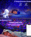 Nebula Star Projector For Bedroom With Bluetooth Speaker, Timer, showing kids sleeping under star projections with remote control.