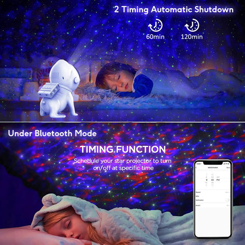 Nebula Star Projector For Bedroom With Bluetooth Speaker, Timer, showing kids sleeping under star projections with remote control.