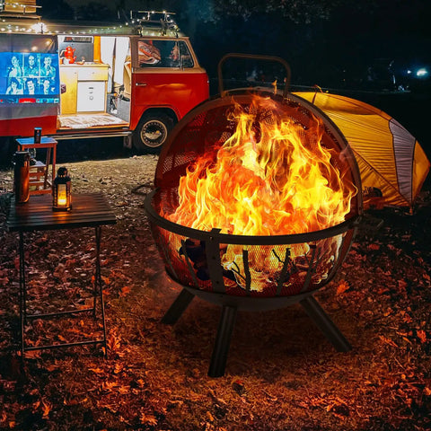 Huge 35 Inch Wood Burning Fire Pit With Built In BBQ Grill for backyard bonfires, heavy duty outdoor fire pit with spark screen