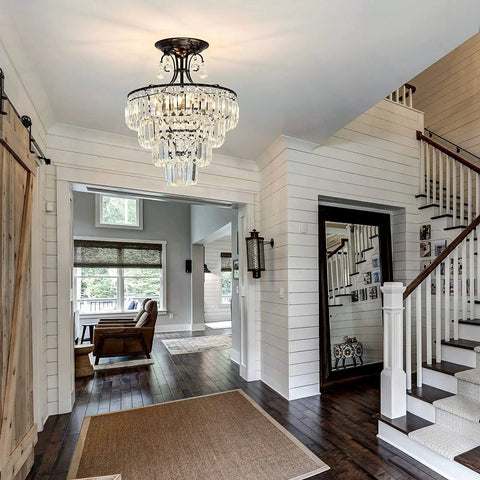 Black Crystal Round Chandelier 15.35 Inch Diameter 5 Light Showpiece Statement Piece Modern Antique Semi Flush Mount Ceiling Fixture With E12 Bulbs Not Included Ideal For Living Room Dining Room Bedroom Entryway Foyer And Bathroom displayed in a bright entryway