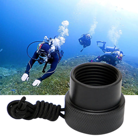 Industrial DIN Tank Valve Dust Cap With Rope Attachment For Scuba Regulators shown with underwater diving scene