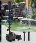 Pond Fountain Pump Kit With Automatic Colorful LED Lights For Outdoor Ponds 400-900 Gal, 880GPH Submersible Water Pump, 45W, 8-Ft Max Height, Includes 3 Spray Heads Bell Volcano Daisy And Telescopic Rod near pond with waterfall feature.