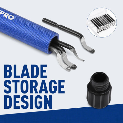 WORKPRO deburring tool with 11 high-speed steel blades in blue storage tube; front view.