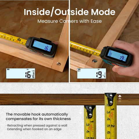 Super Handy 16 Ft Digital Tape Measure With 6 Metric And Imperial Units showing inside and outside mode in action