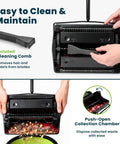No Sweat Push Powered Carpet Sweeper With Triple Brush Heads cleaning comb and collection chamber for easy maintenance and waste disposal.
