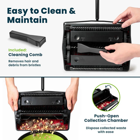 No Sweat Push Powered Carpet Sweeper With Triple Brush Heads cleaning comb and collection chamber for easy maintenance and waste disposal.
