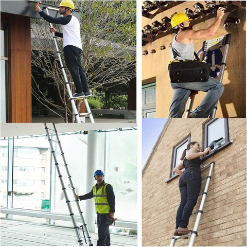 Fourteen And A Half Foot Telescoping Ladder For Home Use Lightweight Aluminum Retractable Collapsible Step Ladder With Non Slip End Caps And 330 Pound Capacity For Do It Yourself Projects And Home Quick Fixes, used at windows and walls