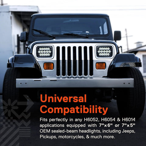 Front view of Jeep showing installed 7x6 And 5x7 H6054 LED Headlights For Trucks And Vans H4 Sealed Beam Replacement 6000K Pure White 3375 Lumens