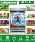 Heavy Duty Badass 54 Inch Commercial Refrigerator With Two Glass Doors And 49 Cubic Feet Capacity, showcasing drinks and food items.