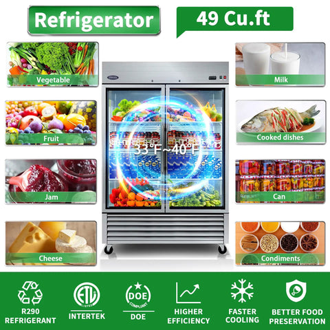 Heavy Duty Badass 54 Inch Commercial Refrigerator With Two Glass Doors And 49 Cubic Feet Capacity, showcasing drinks and food items.