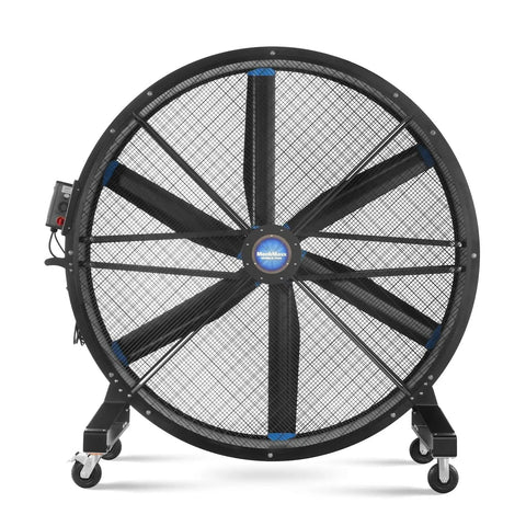 Built Heavy 79 Portable Industrial Fan Kicks Your Space Into Gear For Warehouse Gym Or Shop, large black rolling floor blower.
