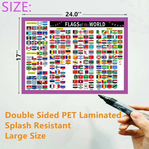 World Flags Poster Laminated 17x24 Inch Dry Erase Chart For Geography Classroom And Home School Decor with hand holding marker
