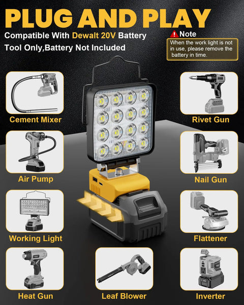 Beast Cordless LED Work Light With 112W 11200LM Output, Pivoting Head At 140 Degrees, Dewalt 20V Compatible, USB Ports