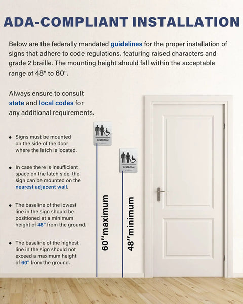 ADA sign installation guidelines with door; instructions for mounting Modern Restroom Sign For Business That Keeps It ADA Compliant With Braille Grade 2 Raised Icons Easy Install Brushed Aluminum Door Sign 6 Inch Wide By 8 Inch High Contemporary Look For Any Space.