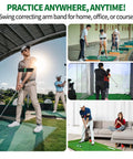 People using Portable Golf Swing Trainer Set Two Pack For Beginners, Swing Correction Arm Band indoors and outdoors