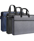High Quality Oxford Zippered Document Bag With Sturdy Handle Tote For Hella Durable Carrying Of Paper Files Books And Everyday Professional Work Folders Travel Carry Case in navy, black, and gray colors.