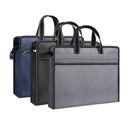 High Quality Oxford Zippered Document Bag With Sturdy Handle Tote For Hella Durable Carrying Of Paper Files Books And Everyday Professional Work Folders Travel Carry Case in navy, black, and gray colors.