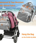 Waterproof Diaper Backpack With Changing Station And USB Charging Port For Moms And Dads Large Capacity Gray on stroller.
