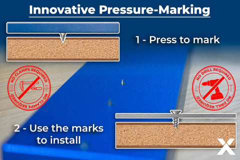 Undermount Drawer Slide Jig For Cabinet Hardware Installation illustrating pressure-marking process, no clamps or drills needed.