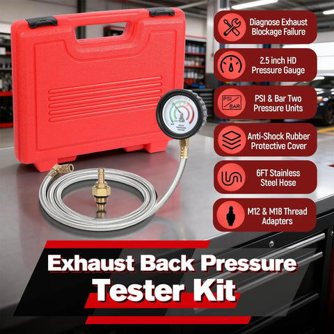 Exhaust Back Pressure Tester Kit With 6ft Stainless Steel Hose And Quick Connector For Diesel Trucks SUVs Vans Pro Grade Exhaust Back Pressure Gauge With M12 And M18 Adapters Easy One Hand Setup, red case and gauge