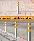 Built Ridiculously Tough Stainless Steel Bollard Posts 31.5 Inch With Anchor Bolts For Driveway Parking Lot Protection Safety Barrier Blocks Featuring Reflective Strips And No Sweat Setup Set Of Four installed on pavement for visibility.