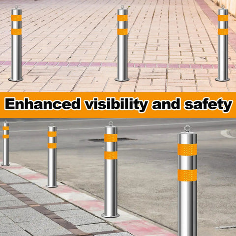 Built Ridiculously Tough Stainless Steel Bollard Posts 31.5 Inch With Anchor Bolts For Driveway Parking Lot Protection Safety Barrier Blocks Featuring Reflective Strips And No Sweat Setup Set Of Four installed on pavement for visibility.