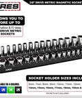3/8 Inch Metric Magnetic Socket Organizer Holds 15 Standard And 15 Deep Sockets, fits 6mm to 20mm, black tray visible
