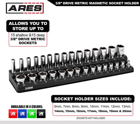 3/8 Inch Metric Magnetic Socket Organizer Holds 15 Standard And 15 Deep Sockets, fits 6mm to 20mm, black tray visible