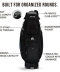 Smooth Glide 14 Way Divider Golf Cart Bag With Full Length Dividers And Kickass Extra Storage Pockets Game Changer Club Guard System In Sleek Black Colorway features divided top, rangefinder pocket, and insulated cooler.