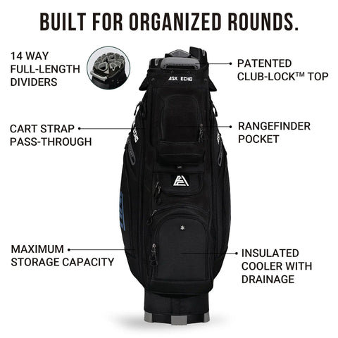 Smooth Glide 14 Way Divider Golf Cart Bag With Full Length Dividers And Kickass Extra Storage Pockets Game Changer Club Guard System In Sleek Black Colorway features divided top, rangefinder pocket, and insulated cooler.