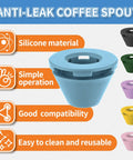 Silicone Anti Leak Coffee Spout For K Mini And Express Brewers No Mess Splash Proof Pour Drip Free Design Easy To Clean Reusable Green Accessory That Keeps Counters Clean And Your Cup Full in multiple colors with features listed