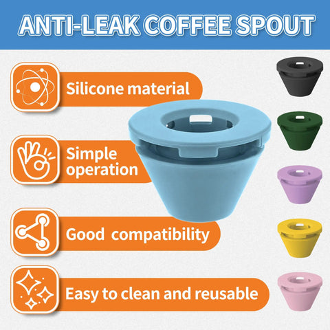 Silicone Anti Leak Coffee Spout For K Mini And Express Brewers No Mess Splash Proof Pour Drip Free Design Easy To Clean Reusable Green Accessory That Keeps Counters Clean And Your Cup Full in multiple colors with features listed