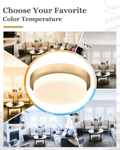 Gold Brass Flush Mount Ceiling Light with adjustable color temperature in various room settings, focus on LED fixture details.