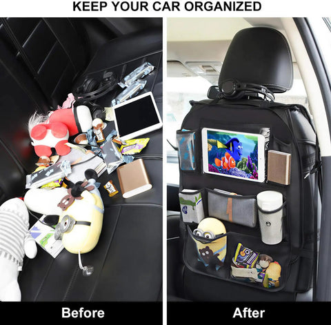 Before and after using Backseat Car Organizer With 8 Large Pockets And Tablet Holder For Kids And Toddlers Keeps Snacks Toys Diapers