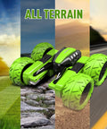Green kid-friendly offroad RC car with headlights and dual-sided stunts, 4WD power, 2.4GHz remote, 360 degree flips on all terrains.