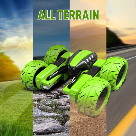 Green kid-friendly offroad RC car with headlights and dual-sided stunts, 4WD power, 2.4GHz remote, 360 degree flips on all terrains.