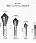 Front view of ColumPRO M35 cobalt countersink drill bit set, 4 pcs with sizes 28mm, 21mm, 14mm, 10mm.