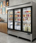 Workhorse Commercial Upright Freezer 72 Cubic Feet Stainless Steel Reach In Display Cabinet with three glass doors showcasing smoothies and desserts.