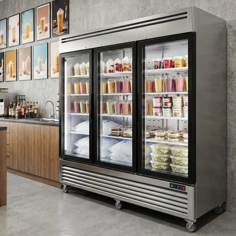 Workhorse Commercial Upright Freezer 72 Cubic Feet Stainless Steel Reach In Display Cabinet with three glass doors showcasing smoothies and desserts.