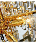 Close-up view of the K9 Crystal Oval Chandelier Pendant Light showcasing golden fixtures and crystal details for dining rooms.