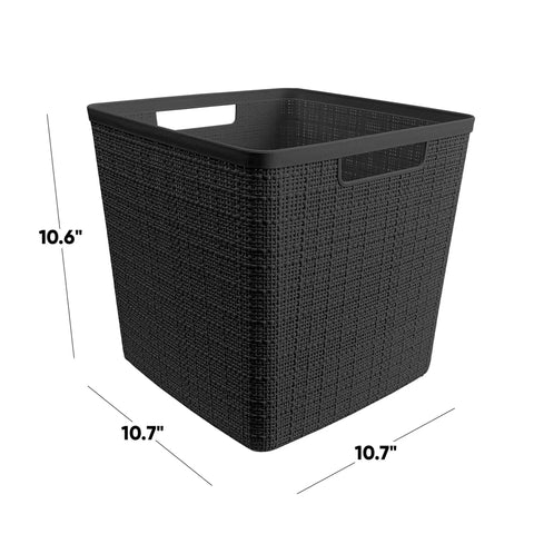 Set Of Four Large Cube 17L Jute Texture Plastic Storage Baskets Dope Organization For Home Office Closet Shelves Kitchen Pantry And Bedroom Essentials Black showing dimensions 10.7 x 10.7 x 10.6 inches